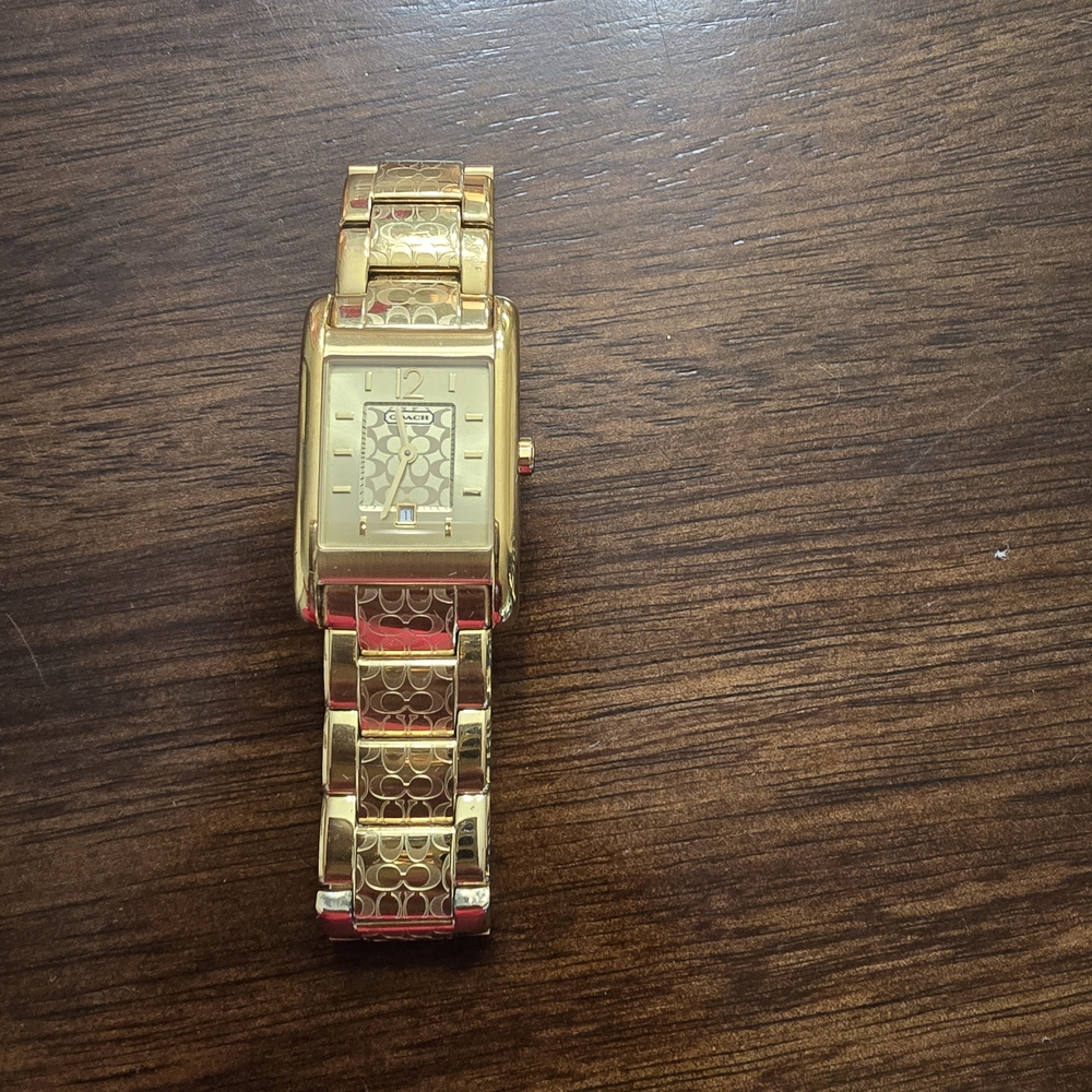 Gold Rectangular Watch With Patterned Band - image 1